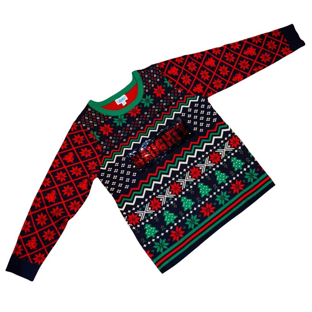 Rockin Around Nice/Naughty Sequin Message Unisex Ugly Christmas Sweater (L)